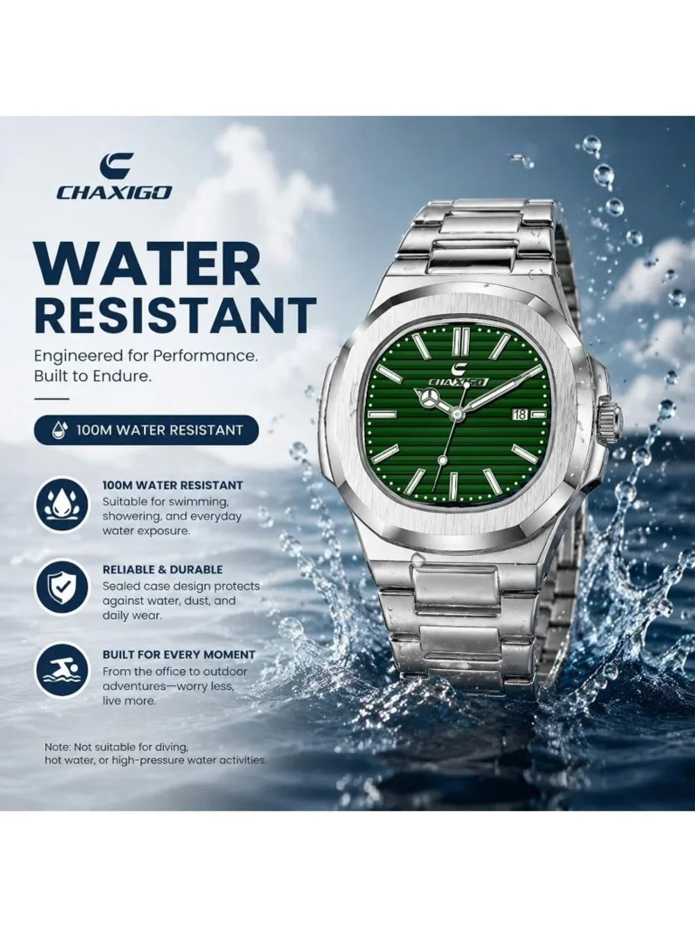 Men's Silver Green Alloy Material Waterproof Quartz Sports Sports Wrist Watches